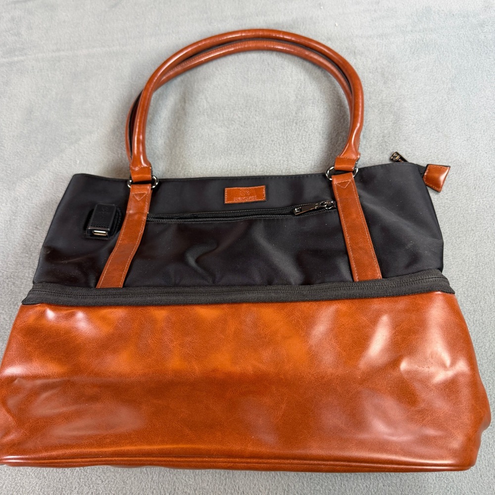 Relavel Travel Tote Bag Black Cognac Brown Insulated Bottom USB Shoulder Bag
